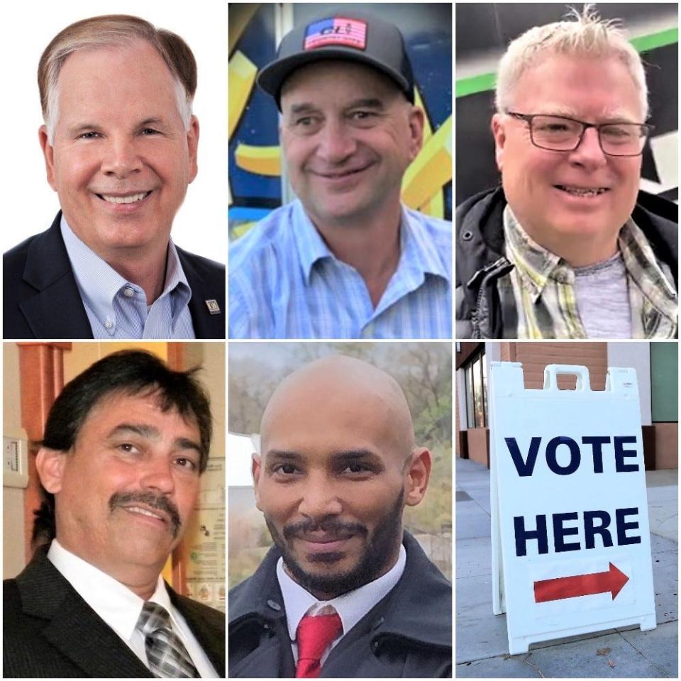 The Feb. 1, 2022, ballot asks voters in District 2 if they want to recall Supervisor Leonard Moty, top left, and if so to choose one of four candidates seeking to replace him: shown clockwise Dale Ball, Tim Garman, Tarick Mahmoud and Tony Hayward.