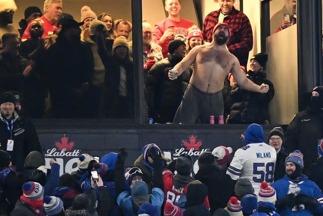 <p>Kathryn Riley/Getty</p> Jason Kelce celebrates after the Kansas City Chiefs score a touchdown during the first half of the AFC Divisional Playoff game against the Buffalo Bills at Highmark Stadium on January 21, 2024 in Orchard Park, New York.