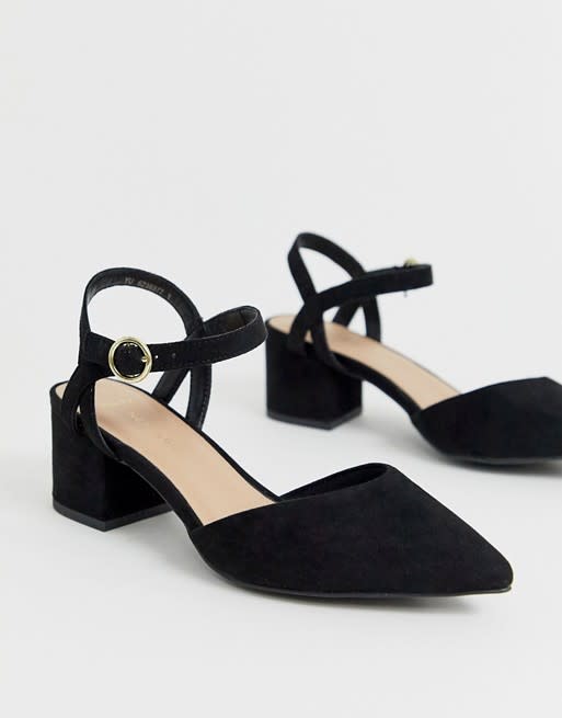 New Look Wide Fit faux suede low block heeled shoes in black