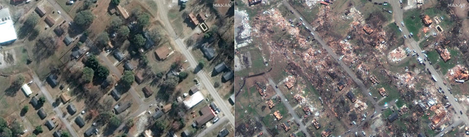 Satellite images show homes along Walnut and Mulberry street in Rolling Fork, Miss., (Maxar Technologies / AFP - Getty Images)