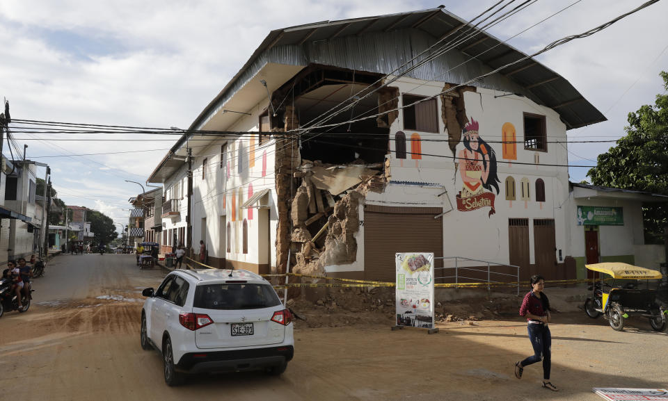 The corner of a building was destroyed by an earthquake in Yurimaguas, Peru, Sunday, May 26, 2019. A powerful magnitude 8.0 earthquake struck this remote part of the Amazon jungle in Peru early Sunday, collapsing buildings and knocking out power to some areas. (Guadalupe Pardo/Pool photo via AP)