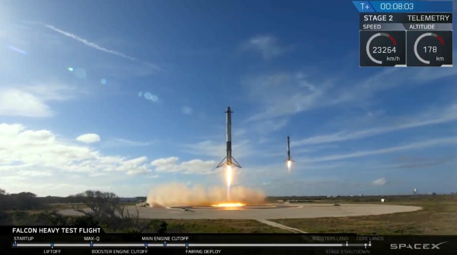 SpaceX lands two of the three Falcon 9 boosters attached to the Falcon Heavy rocket at Cape Canaveral.