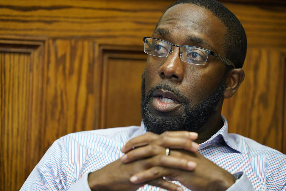 Waterloo Mayor Quentin Hart speaks during an interview with The Associated Press, Tuesday, Sept. 7, 2021, in Waterloo, Iowa. Joel Fitzgerald, the first Black police chief in Waterloo, is facing intense opposition from some current and former officers as he works with city leaders to reform the department, including the removal of its longtime insignia that resembles a Ku Klux Klan dragon. Several of the changes the department has made under Fitzgerald have won praise from Hart, most city councilors and some community leaders — while angering the police union, some retired officers and conservatives. (AP Photo/Charlie Neibergall)