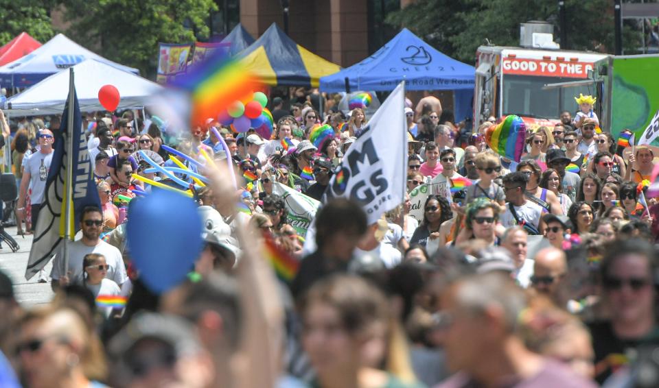 Participants fill Main Street during the Black Pride Parade in downtown Greenville by Upstate Pride SC, on Saturday, June 24, 2023.