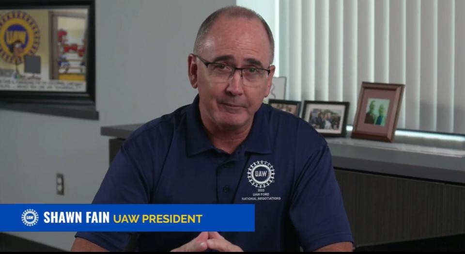 UAW President Shawn Fain hosts a Facebook live briefing for members on Tuesday, August 8, 2023 to say Stellantis is playing games and not negotiating in good faith during contact talks.