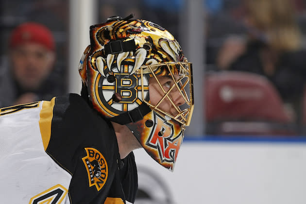 SUNRISE, FL - JANUARY 7: Goaltender Tuukka Rask #40 of the Boston Bruins looks up at the video on the scoreboard after making a save against the Florida Panthers at the BB&T Center on January 7, 2017 in Sunrise, Florida. The Bruins defeated the Panthers 4-0. (Photo by Joel Auerbach/Getty Images)