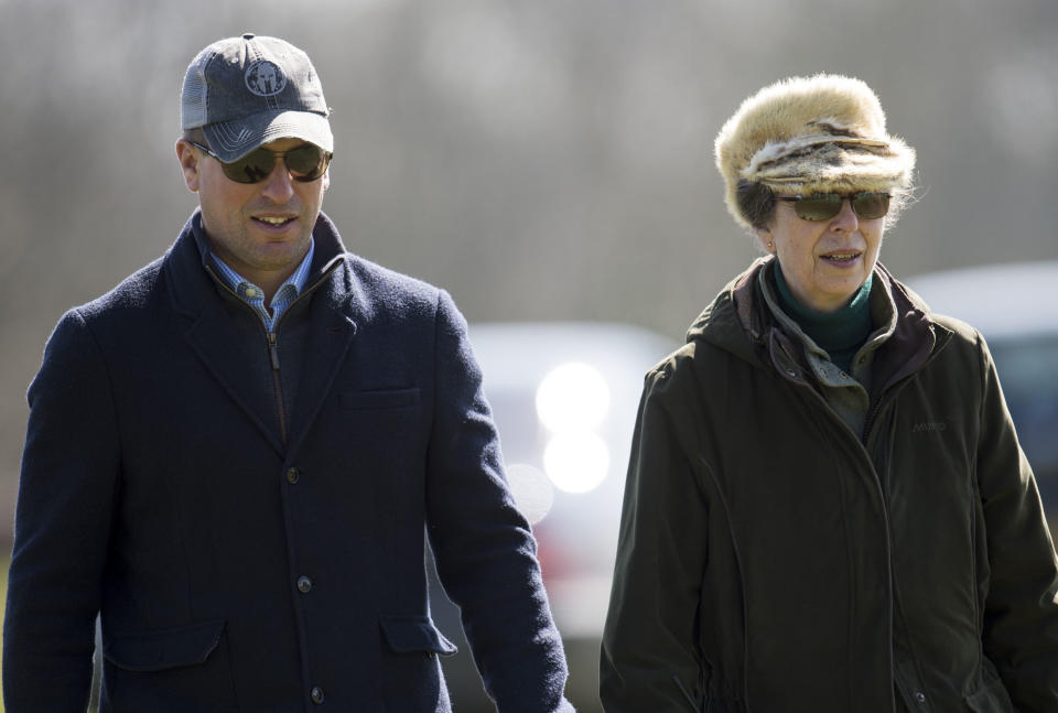 STROUD, ENGLAND - MARCH 26: Princess Anne, Princess Royal and Peter Phillips attend The Gatcombe Horse Trials at Gatcombe Park on March 26, 2017 in Stroud, England. (Photo by Mark Cuthbert/UK Press via Getty Images)