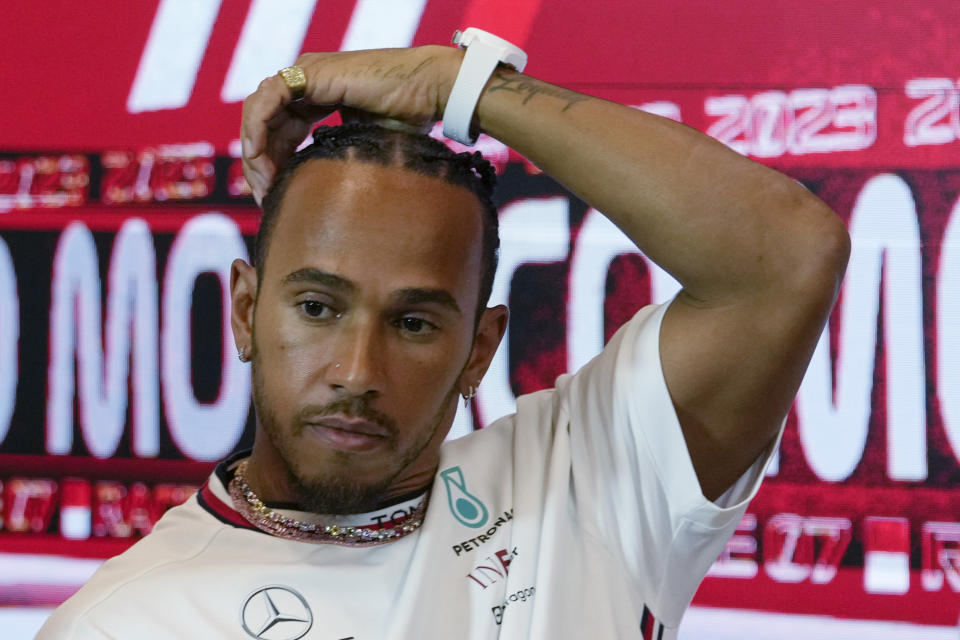 Mercedes driver Lewis Hamilton of Britain gestures during a news conference at the Monaco racetrack, in Monaco, Thursday, May 25, 2023. The Formula one race will be held on Sunday. (AP Photo/Luca Bruno)