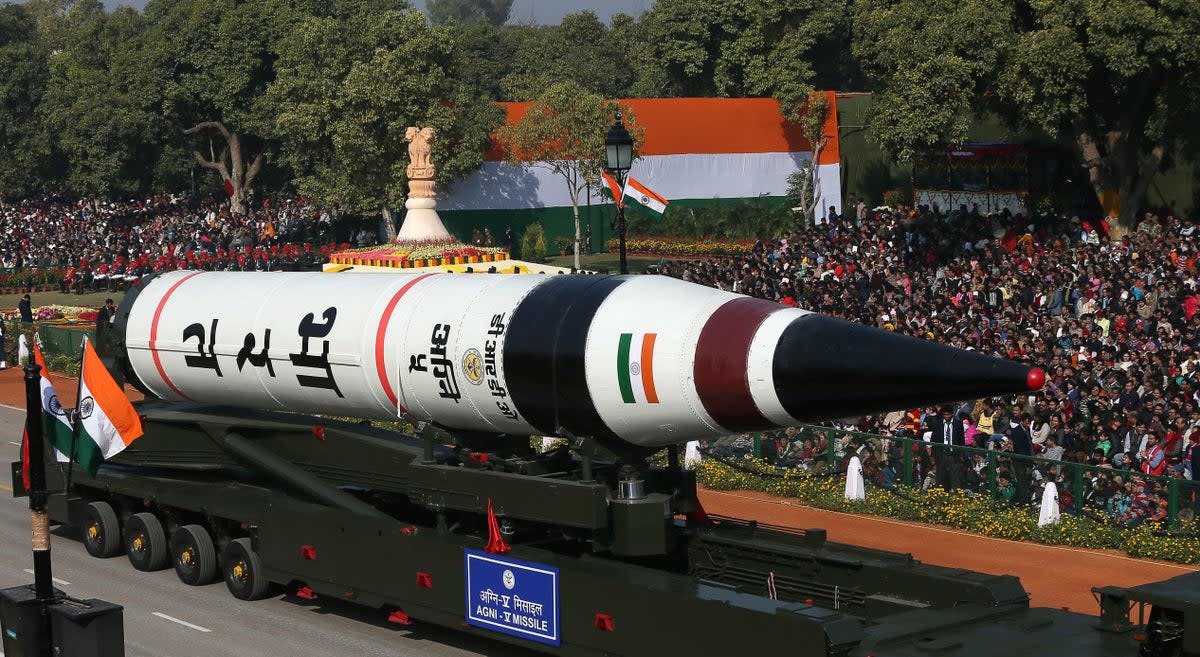 An Agni-v ballistic missile displayed during Republic Day parade in Delhi, India in 2013 (AP)