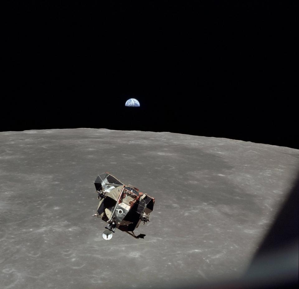 The Moon limb and 'Eagle' Lunar Module during ascent over Mare Smythii with the Earth seeen on the horizon on 20 July 1969 (EPA)