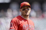 Los Angeles Angels' Mike Trout looks on during warmups before a baseball game against the Boston Red Sox in Anaheim, Calif., Sunday, April 7, 2024. (AP Photo/Alex Gallardo)