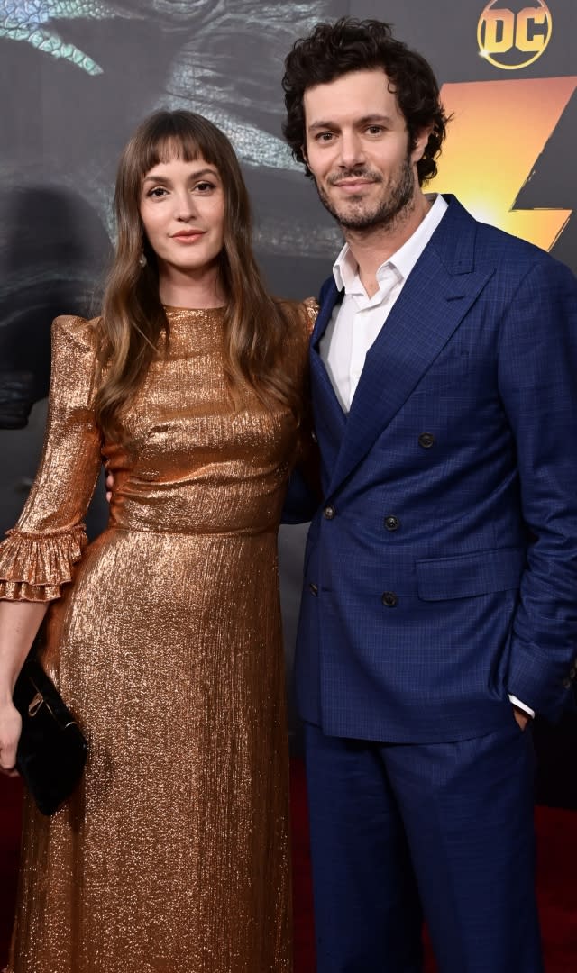 LOS ANGELES, CALIFORNIA – MARCH 14: Leighton Meester and <span class="caas-xray-inline-tooltip"><span class="caas-xray-inline caas-xray-entity caas-xray-pill rapid-nonanchor-lt" data-entity-id="Adam_Brody" data-ylk="cid:Adam_Brody;pos:2;elmt:wiki;sec:pill-inline-entity;elm:pill-inline-text;itc:1;cat:Actor;" tabindex="0" aria-haspopup="dialog"><a href="https://search.yahoo.com/search?p=Adam%20Brody" data-i13n="cid:Adam_Brody;pos:2;elmt:wiki;sec:pill-inline-entity;elm:pill-inline-text;itc:1;cat:Actor;" tabindex="-1" data-ylk="slk:Adam Brody;cid:Adam_Brody;pos:2;elmt:wiki;sec:pill-inline-entity;elm:pill-inline-text;itc:1;cat:Actor;" class="link ">Adam Brody</a></span></span> attend the Los Angeles premiere of Warner Bros.’ “Shazam! Fury Of The Gods” at Regency Village Theatre on March 14, 2023 in Los Angeles, California. <em>Photo by Araya Doheny/WireImage.</em>