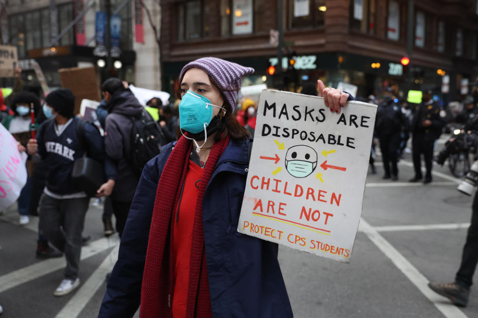 Students walked out of class in solidarity with teachers during a COVID-related work stoppage in 2022. (Scott Olson/Getty Images)