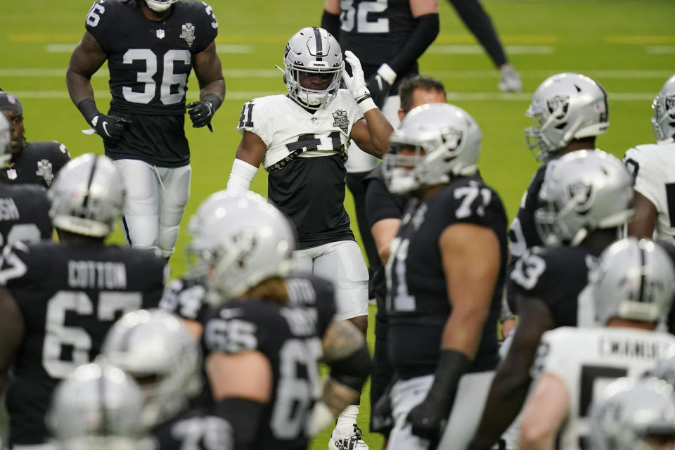 Las Vegas Raiders cornerback Amik Robertson (41) attends an NFL football training camp practice Friday, Aug. 28, 2020, in Las Vegas. (AP Photo/John Locher)