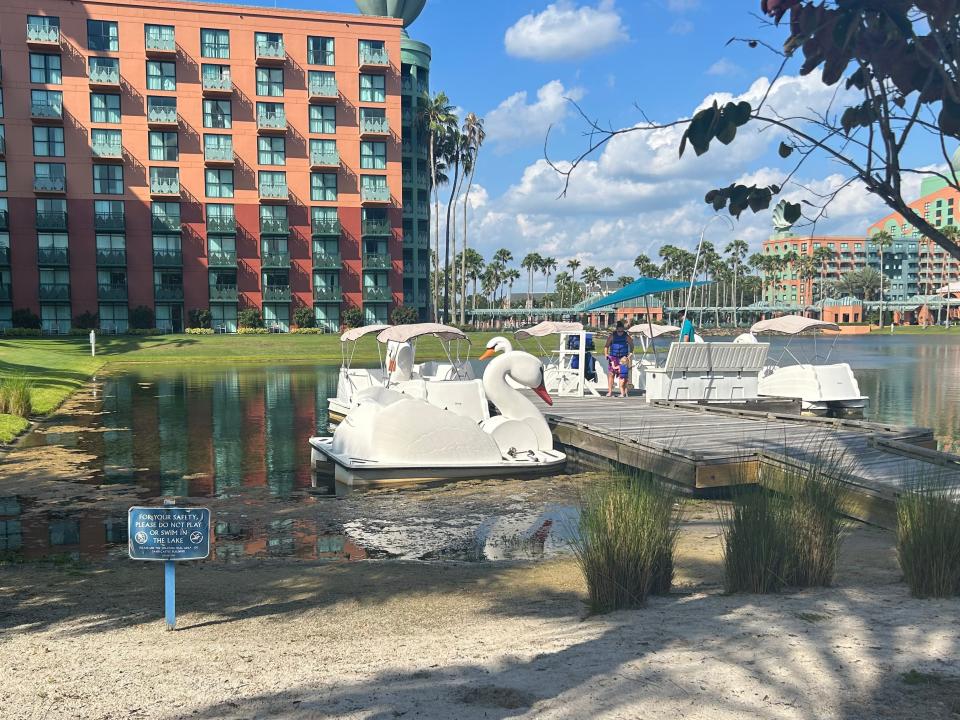 swan paddle boats in the water outside the swan and dolphin hotels at disney world