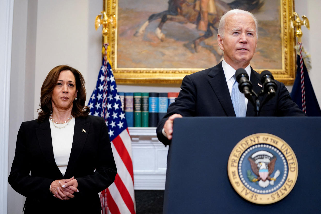 Vice President Kamala Harris watches as President Biden addresses the nation on July 14, a day after former President Donald Trump was shot at a campaign rally. (Nathan Howard/Reuters)