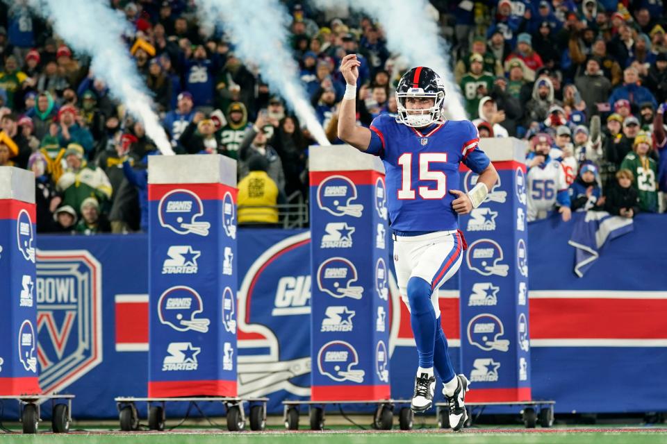 New York Giants quarterback Tommy DeVito is introduced before an NFL football game against the Green Bay Packers, Monday, Dec. 11, 2023, in East Rutherford, N.J. (AP Photo/Seth Wenig)