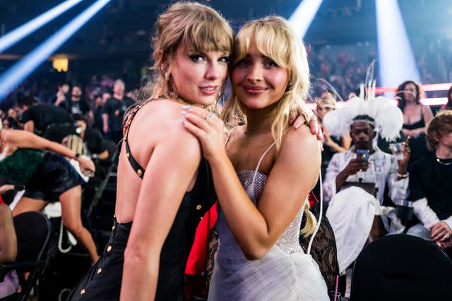 <p>John Shearer/Getty Images</p> Taylor Swift with Sabrina Carpenter at the 2023 VMAs