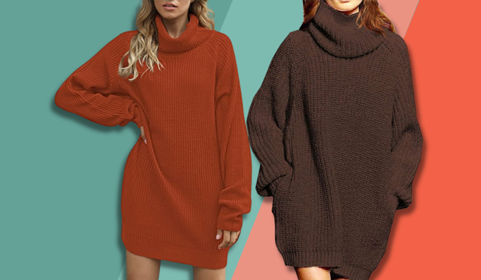 models wearing the turtleneck sweater in orange and brown