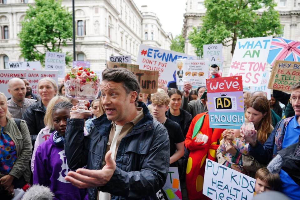 Chef Jamie Oliver takes part in the What An Eton Mess demonstration outside Downing Street, calling for Boris Johnson to reconsider his U-turn on the Government’s anti-obesity strategy (Dominic Lipinski/PA) (PA Wire)