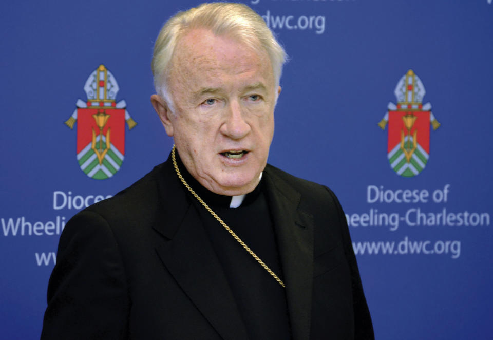 FILE - A 2015 file photo shows West Virginia Bishop Michael J. Bransfield, then-bishop of the Roman Catholic Diocese of Wheeling-Charleston. West Virginia Attorney General Patrick Morrisey announced an amended lawsuit Tuesday, May 21, 2019, against the Roman Catholic Diocese of Wheeling-Charleston and former Bishop Bransfield. The original lawsuit was filed in March. The latest version alleges the diocese kept secret a 2006 report on sexual abuse allegations involving a teacher in Charleston, W.Va. (Scott McCloskey/The Intelligencer via AP, File)