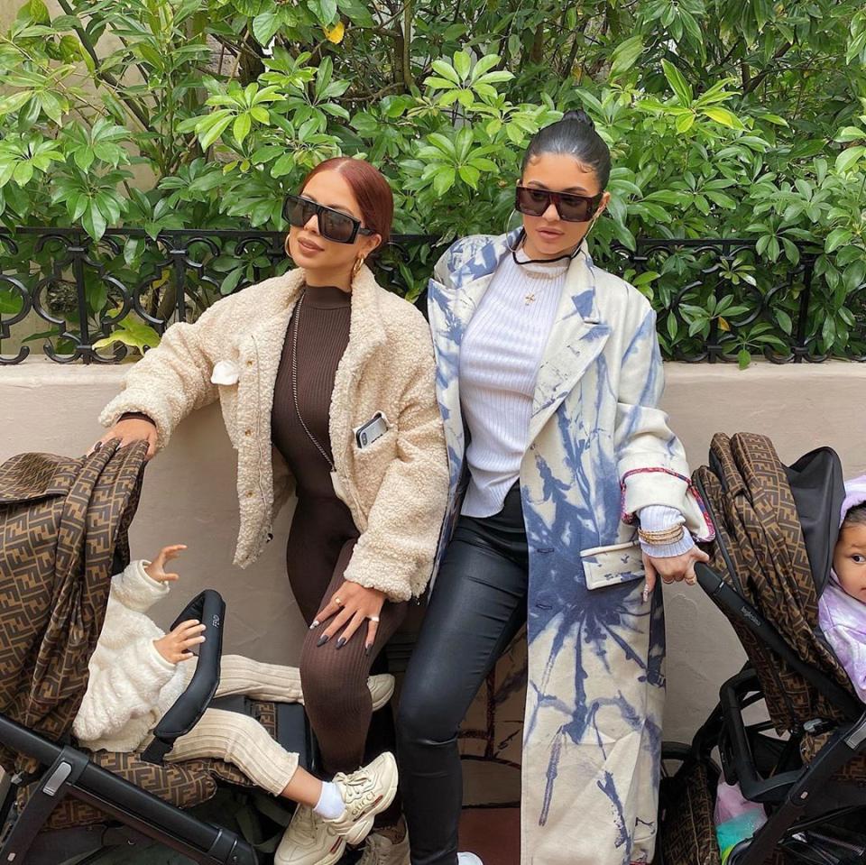 Kylie Jenner and Yris Palmer with their kids in Fendi strollers