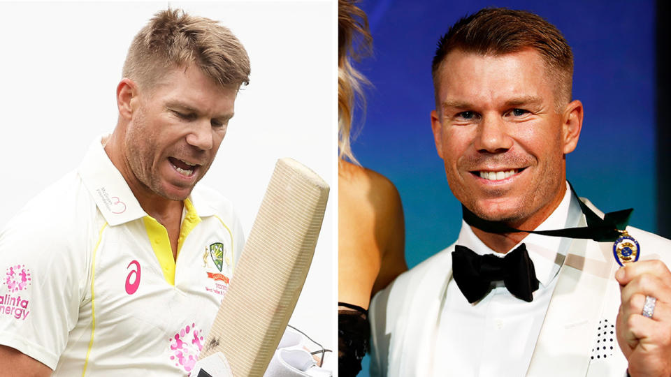 David Warner walking off after being dismissed and Warner posing with his Allan Border medal.