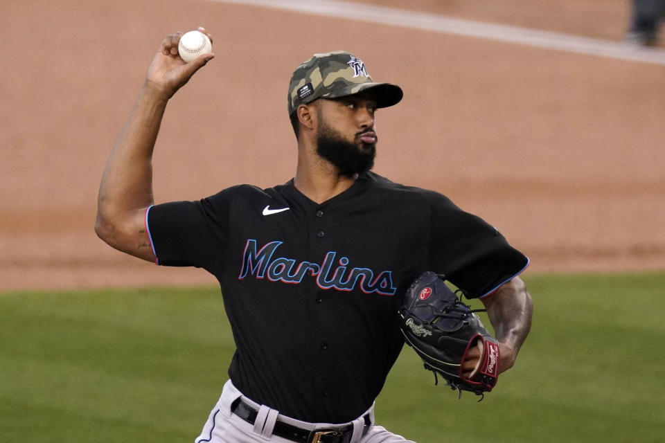 Miami Marlins starting pitcher Sandy Alcantara throws to the plate during the first inning of a baseball game against the Los Angeles Dodgers Friday, May 14, 2021, in Los Angeles. (AP Photo/Mark J. Terrill)