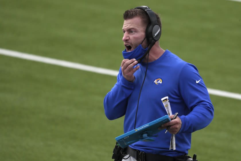 IInglewood, CA, Sunday, October 4, 2020 - Los Angeles Rams head coach Sean McVay yells "great job" to the defense after it stopped a late drive by the New York Giants at SoFi Stadium. (Robert Gauthier/ Los Angeles Times)