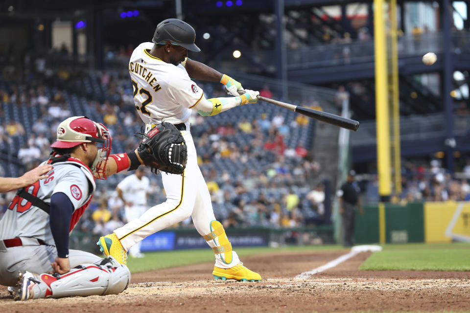 Pittsburgh Pirates Andrew McCutchen (22) hits a solo home run against the St. Louis Cardinals during a baseball game in Pittsburgh, Tuesday, July 2, 2024. (AP Photo/Jared Wickerham)