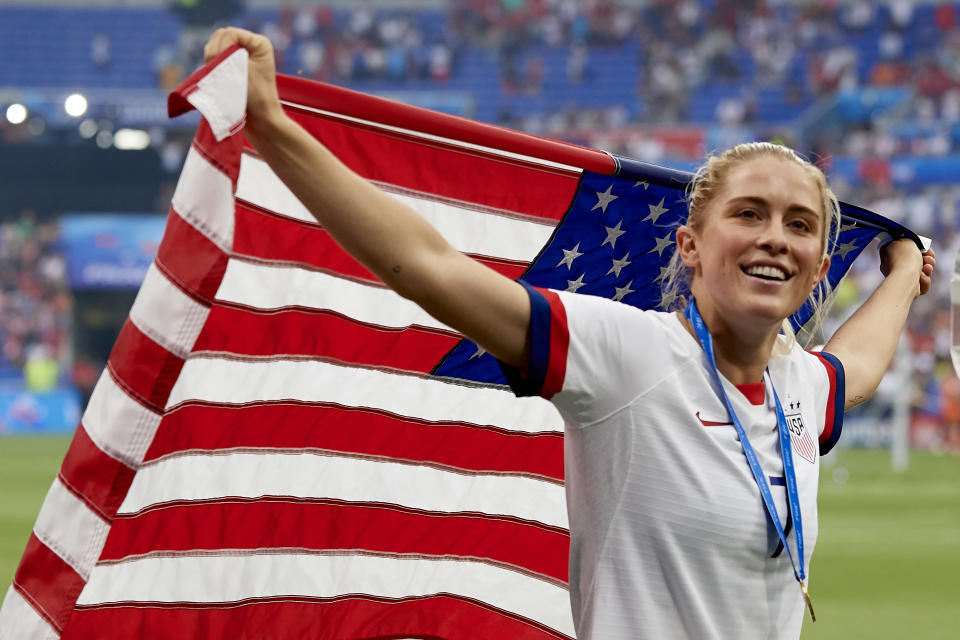 Abby Dahlkemper (NC Courage) of United States celebrates after winning the 2019 FIFA Women's World Cup France Final match between The United State of America and The Netherlands at Stade de Lyon on July 7, 2019 in Lyon, France. (Photo by Jose Breton/NurPhoto via Getty Images)