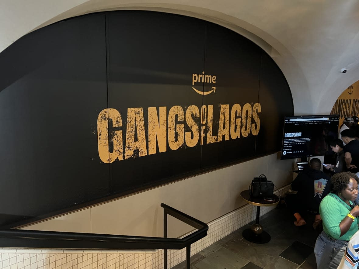 Signage inside the Bryant Park Hotel for the New York City premiere of Amazon Studios’ original film, Gangs of Lagos, on April 13, 2023. (theGrio Photo/Chinekwu Osakwe)