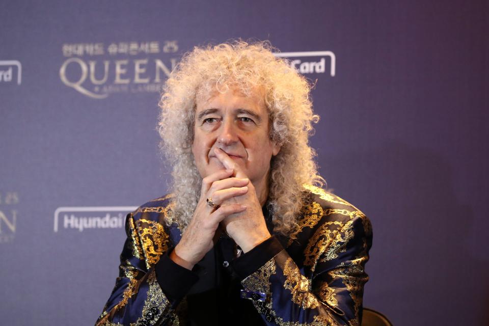 (L to R) Queen band member Brian May attends a press conference ahead of the Rhapsody Tour at a hotel in Seoul on January 16, 2020. (Photo by Chung Sung-Jun / POOL / AFP) (Photo by CHUNG SUNG-JUN/POOL/AFP via Getty Images)