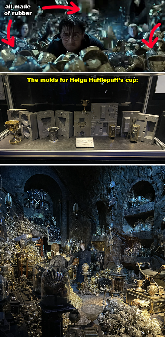 Top: Person surrounded by bubbles. Bottom: Display of Helga Hufflepuff's cup molds and replicas. No persons are visible