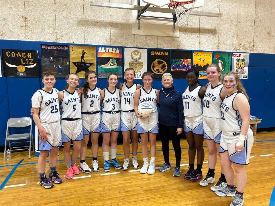 Lima Christian freshman Alyssa Marsh, center, reached 1,000 career points during a game against Rochester Prep on Friday, Feb. 2.