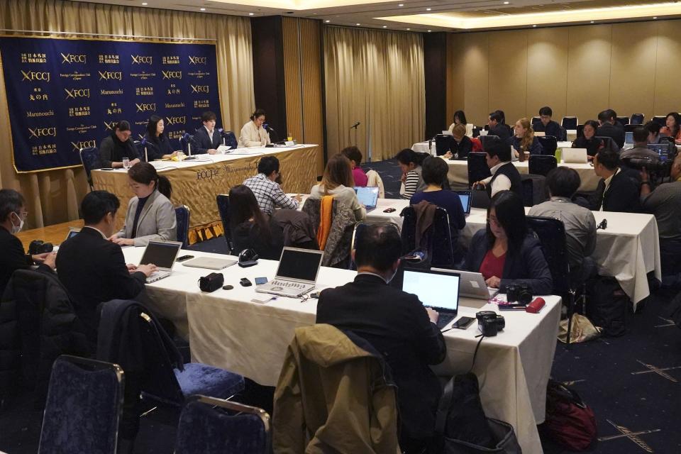 Rina Gonoi, former member of the Japan Ground Self-Defense Forces, speaks during the press conference at the Foreign Correspondents' Club of Japan, Wednesday, Dec. 13, 2023, in Tokyo. A Japanese court on Tuesday convicted three former soldiers in a sexual assault case that authorities had dropped until Gonoi came forward demanding a reinvestigation and prompting a military-wide harassment probe. (AP Photo/Eugene Hoshiko)