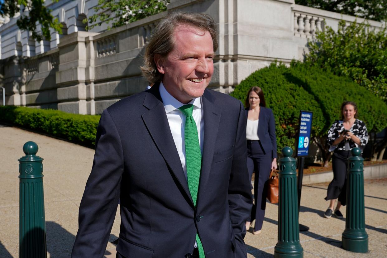 <p>Former White House counsel Don McGahn departs after appearing for questioning behind closed doors by the House Judiciary Committee on Capitol Hill in Washington, Friday, June 4, 2021</p> (AP)