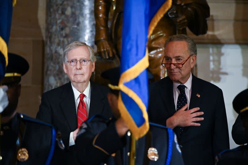 Senate Majority Leader McConnell and Sen. Schumer participate in the unveiling of the congressional portrait of Former House Speaker John Boehner at the U.S. Capitol in Washington