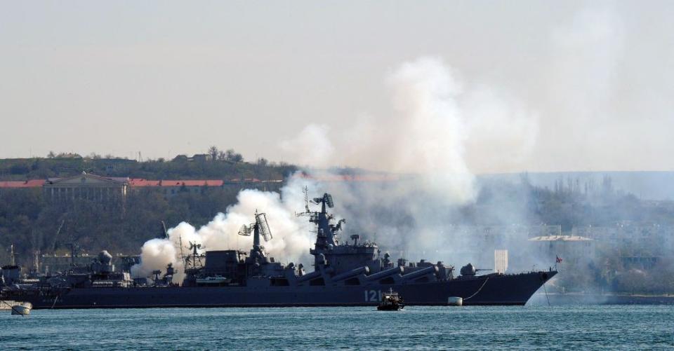 The Russian cruiser Moskva docked in Sevastopol in Russian-occupied Crimea on March 30, 2014, in the aftermath of Russia's illegal annexation of the Ukrainian peninsula. (Olga Maltaseva/AFP via Getty Images)