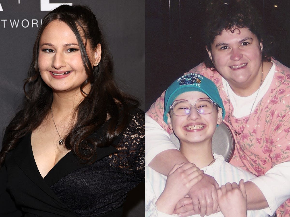 a side-by-side image of Gypsy Rose Blanchard in 2024, smiling for photos with long brown hair and wearing a black lace blouse, and silver jewelry, on the left; right, an undated photo from the Blanchard family showing a young Gypsy Rose, with large glasses and a baseball cap on, smiling while her mother Dee Dee, in a white t-shirt, pink floral dress, and silver necklace, smiles behind her while embracing Gypsy.