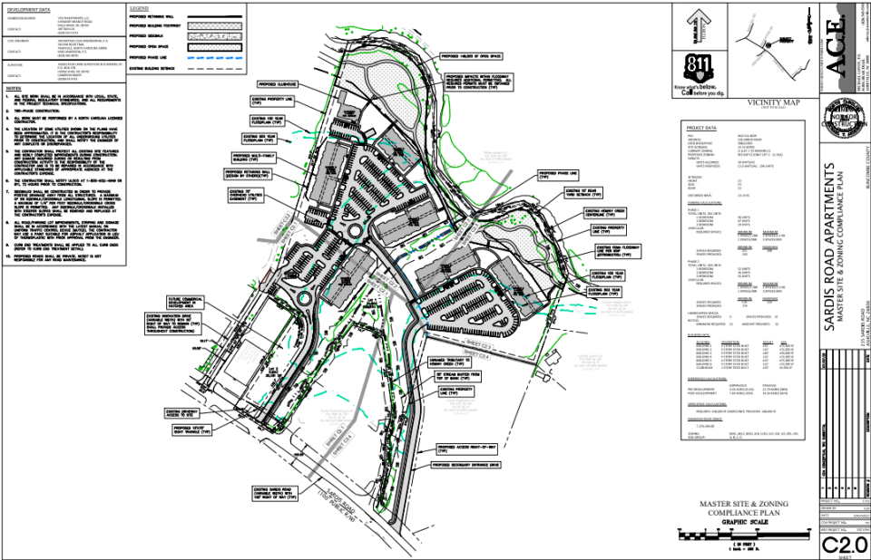 Plans filed with the city show six apartment buildings and a clubhouse planned for just over 22 acres at 235 Sardis Road.