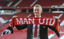 FILE Manchester United soccer team manager Ole Gunnar Solskaer is unveiled as permanent Manchester United manager at Old Trafford, England, Thursday, March 28, 2019. Manchester United has fired Ole Gunnar Solskjaer after three years as manager after a fifth loss in seven Premier League games. United said a day after a 4-1 loss to Watford that “Ole will always be a legend at Manchester United and it is with regret that we have reached this difficult decision."(AP Photo/Rui Vieira, File)