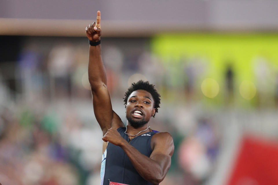 Noah Lyles celebrates after winning the men's 200-meter final at U.S. Olympic track and field trials. (Photo by Patrick Smith/Getty Images)