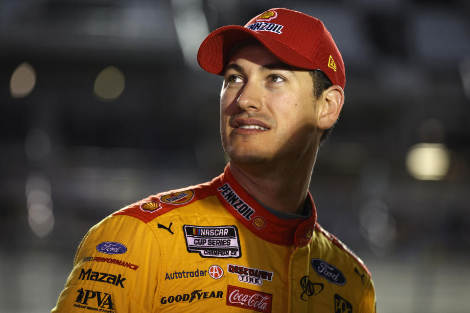 DAYTONA BEACH, FLORIDA - FEBRUARY 15: Joey Logano, driver of the #22 Shell Pennzoil Ford, looks on during qualifying for the Busch Light Pole at Daytona International Speedway on February 15, 2023 in Daytona Beach, Florida. (Photo by Sean Gardner/Getty Images)