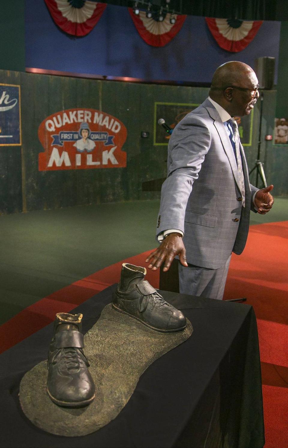 Bob Kendrick, president of the Negro Leagues Baseball Museum in Kansas City spoke to reporters after accepting the remnants of the Jackie Robinson statue vandalized at McAdams Park in Wichita during a press conference Thursday, April 11, 2024.