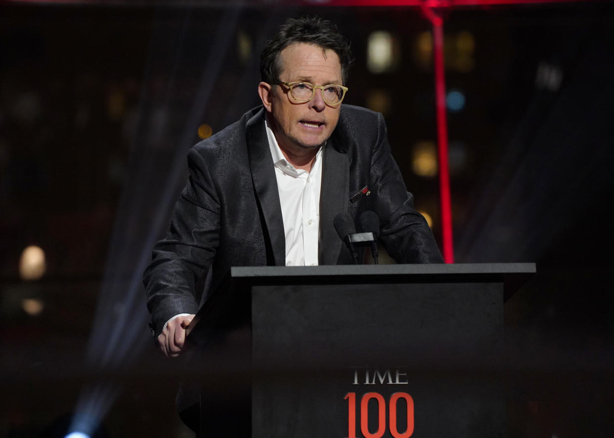 NEW YORK, NEW YORK - APRIL 25: Michael J. Fox speaks onstage during the 2024 TIME100 Gala at Jazz at Lincoln Center on April 25, 2024 in New York City.  (Photo by Sean Zanni/Patrick McMullan via Getty Images)