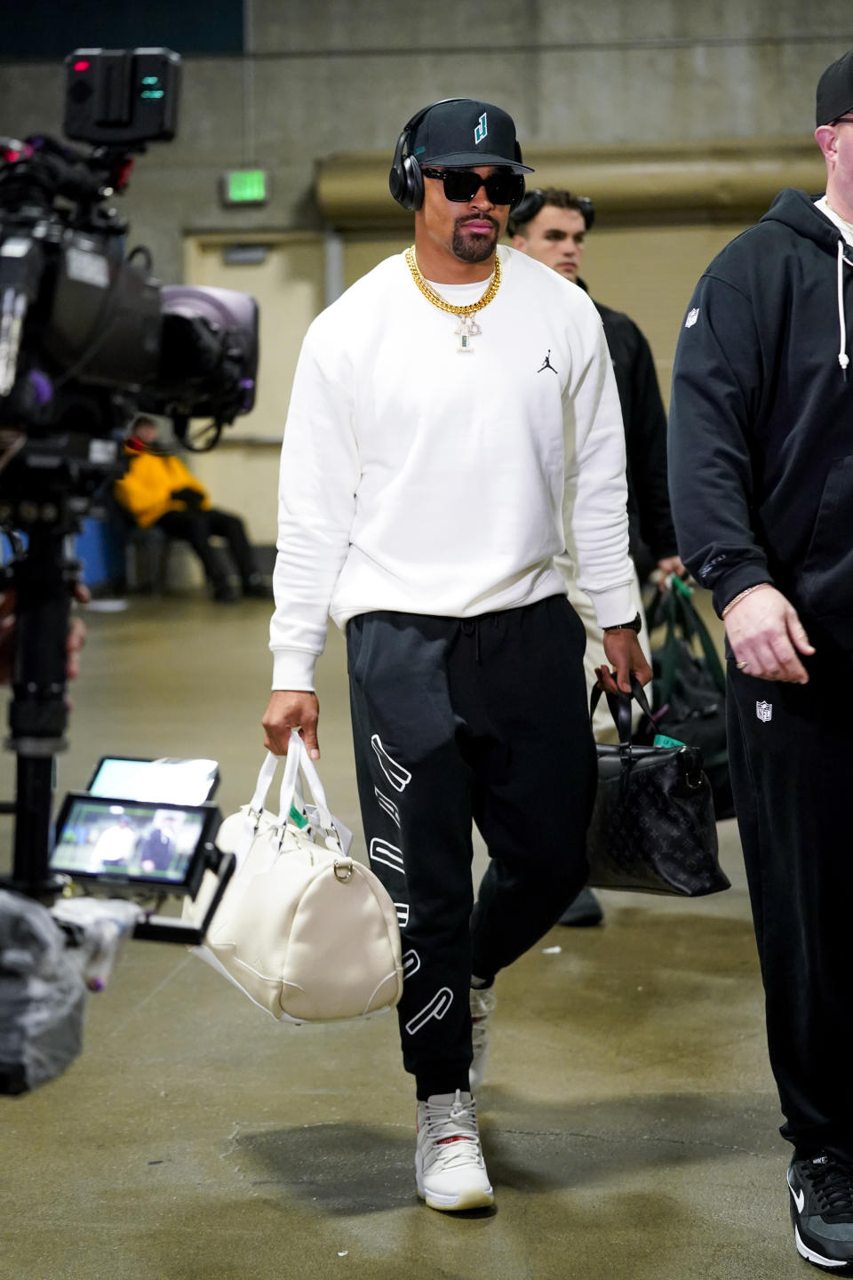 Philadelphia Eagles quarterback Jalen Hurts arrives before an NFL football game against the Seattle Seahawks, Monday, Dec. 18, 2023, in Seattle. (AP Photo/Lindsey Wasson)