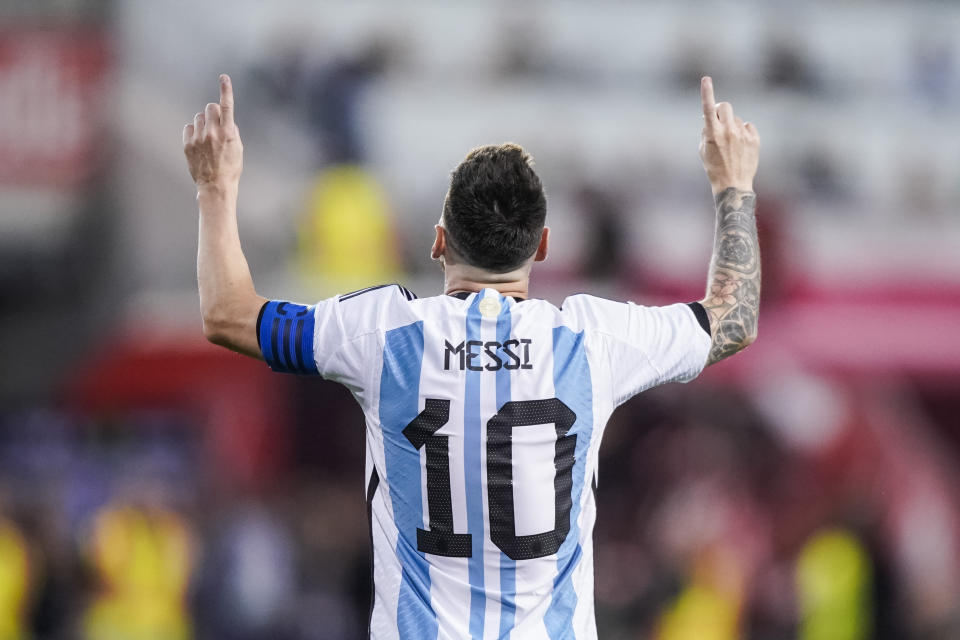 Argentina's player Lionel Messi celebrates his goal during the second half of an international friendly soccer match against Jamaica on Tuesday, Sept. 27, 2022, in Harrison, N.J. (AP Photo/Eduardo Munoz Alvarez)