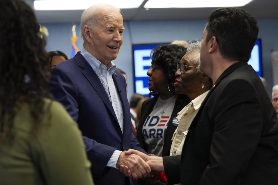 President Joe Biden greets people after speaking at the Washoe Democratic Party Office in Reno, Nev., Tuesday March 19, 2024. (AP Photo/Jacquelyn Martin)