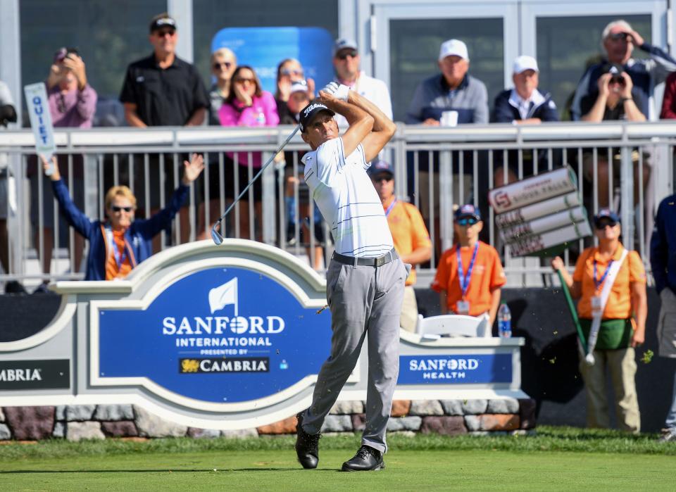 Jay Jurecic tees off on hole 10 during the first day of the Sanford International golf tournament on Friday, September 17, 2021, at the Minnehaha Country Club in Sioux Falls. Erin Bormett / Argus Leader